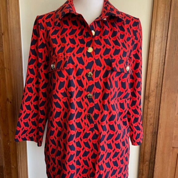 ELIZABETH MCKAY Chain Link Red Blue Pull Over Button Elbow Sleeve Top M - Picture 4 of 17